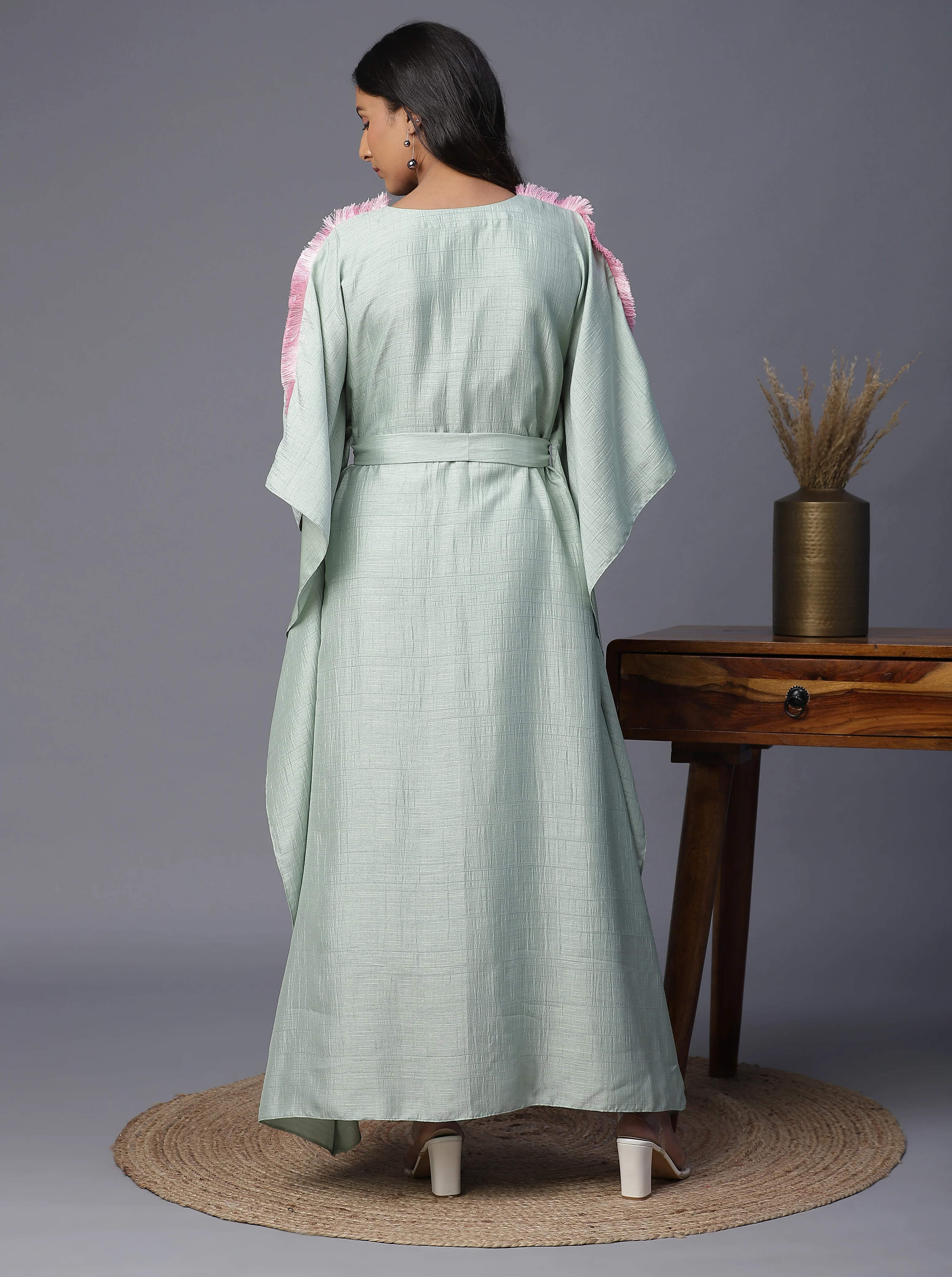 Arpita Sulakshana's Signature Sea Green Silk Handpainted Kaftan - Image 3