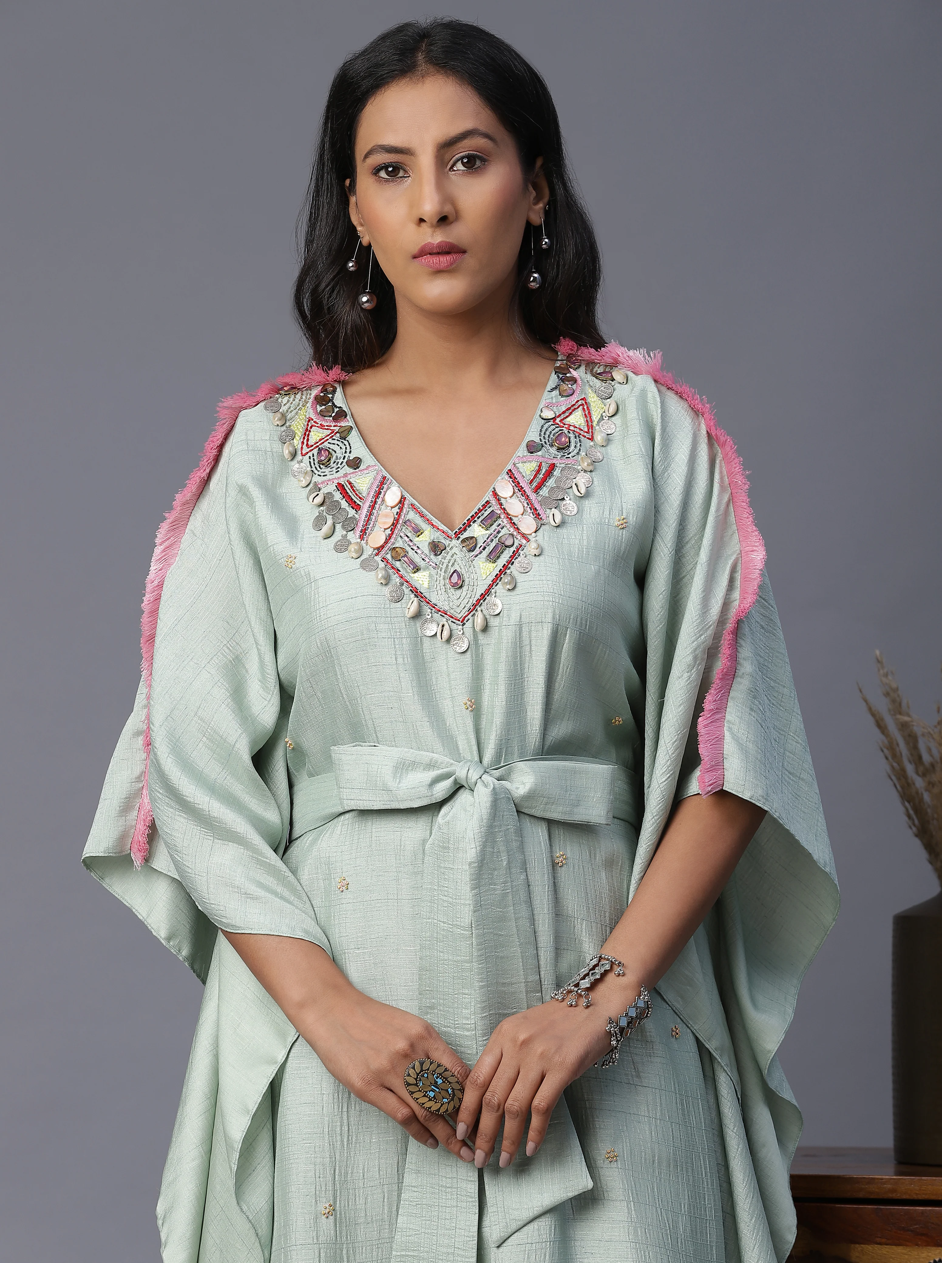 Arpita Sulakshana's Signature Sea Green Silk Handpainted Kaftan - Image 4