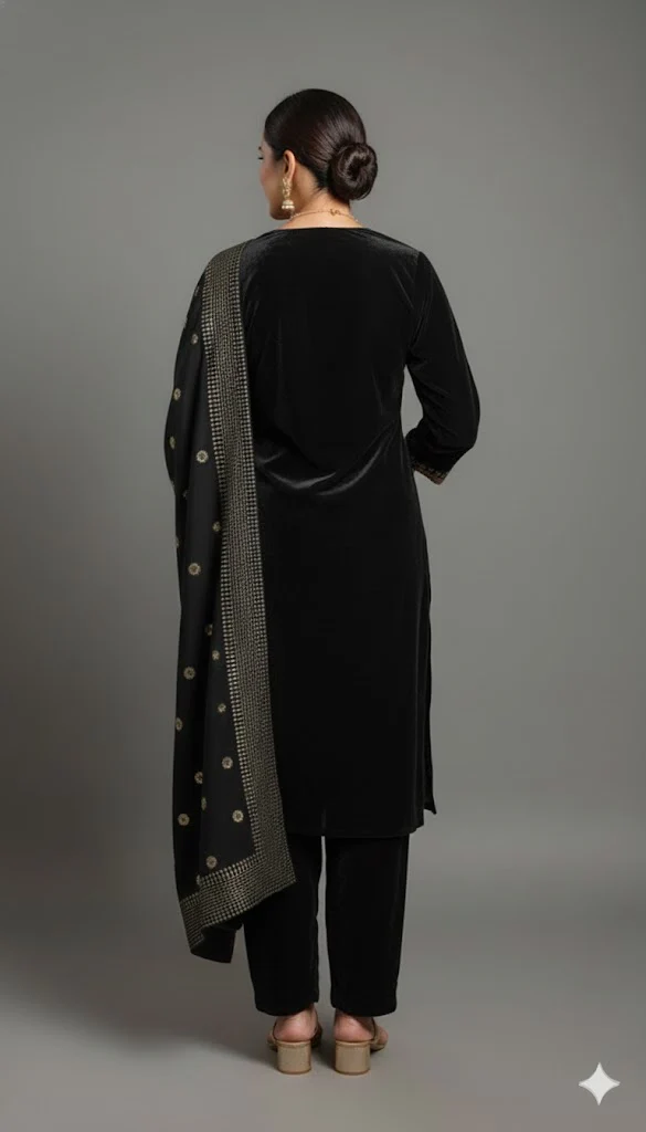 Black Velvet Suit Set With Black Patra Dupatta - Image 3