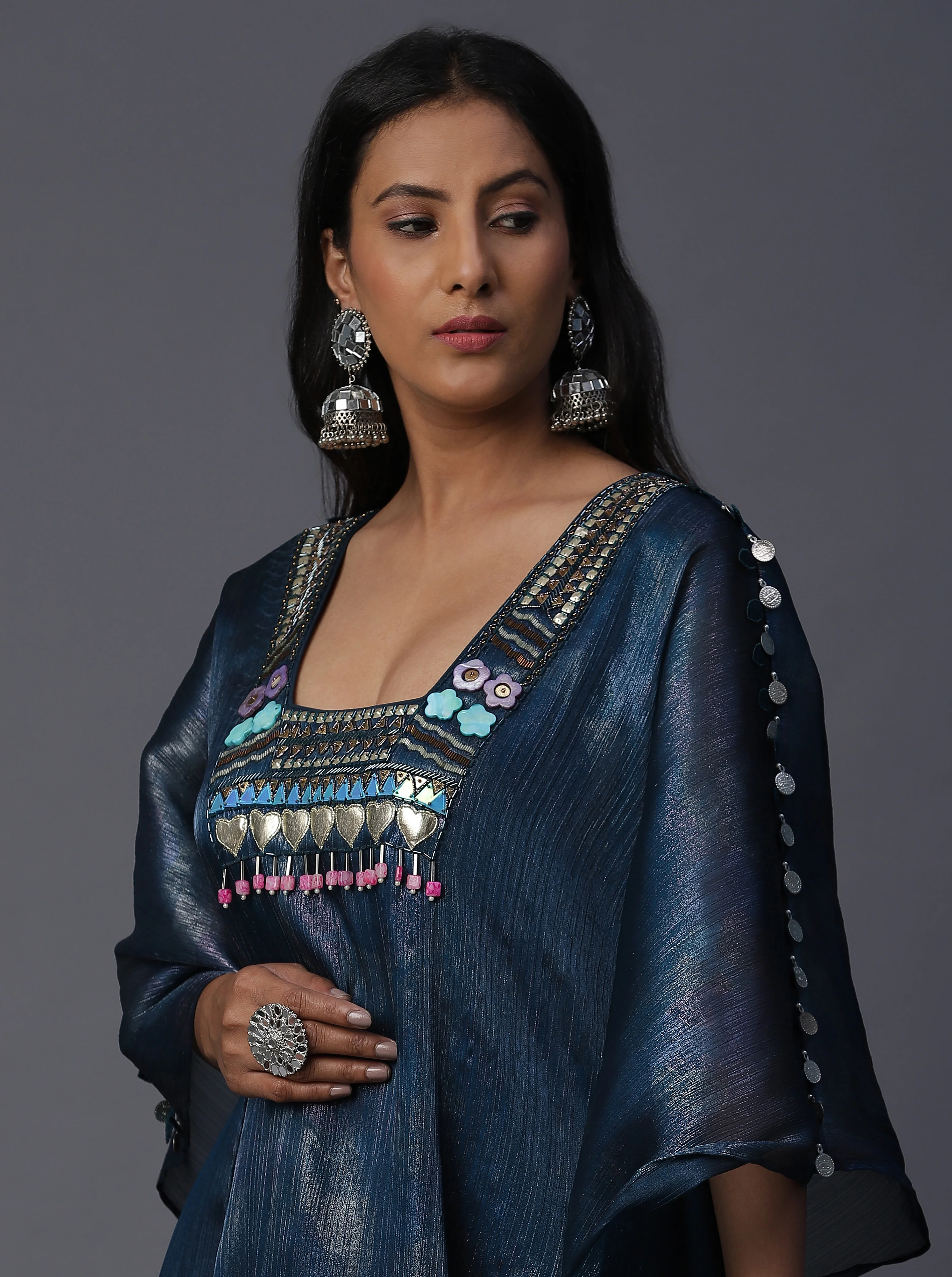 Blue Organza Handpainted Kaftan Set - Image 3
