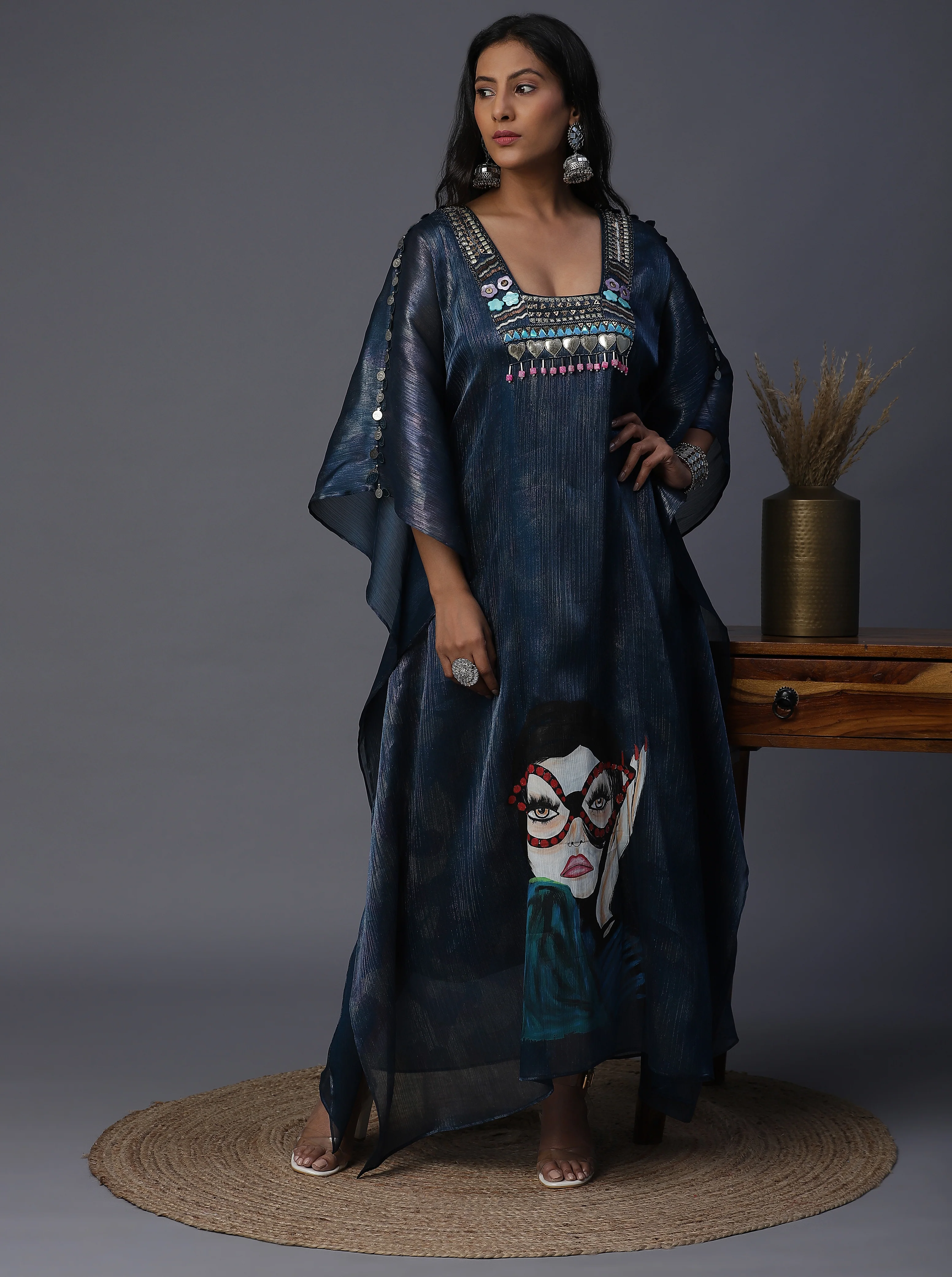 Blue Organza Handpainted Kaftan Set - Image 4