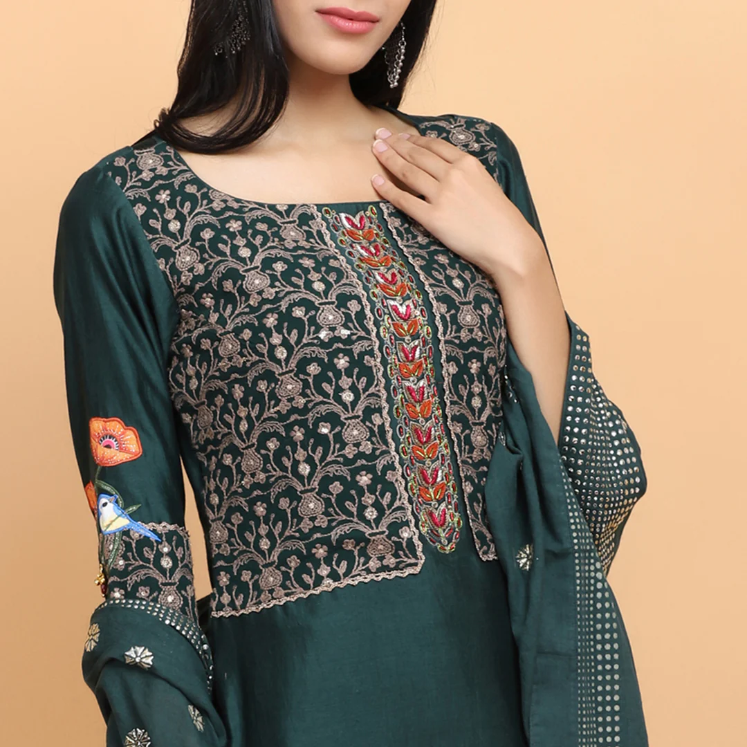 Bottle Green Chanderi Silk Suit - Image 3