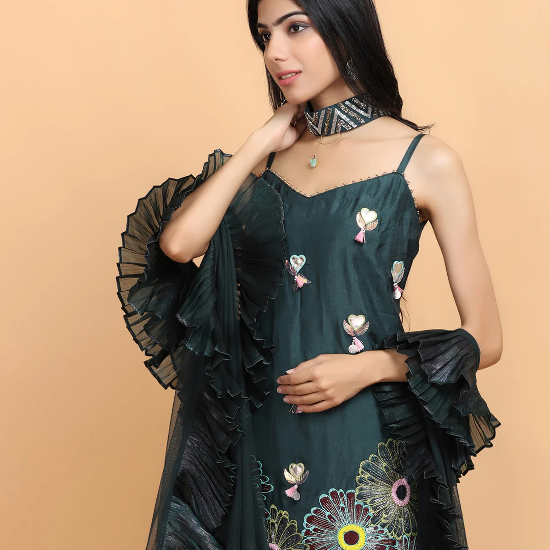 Bottle Green Silk Garara Set - Image 3
