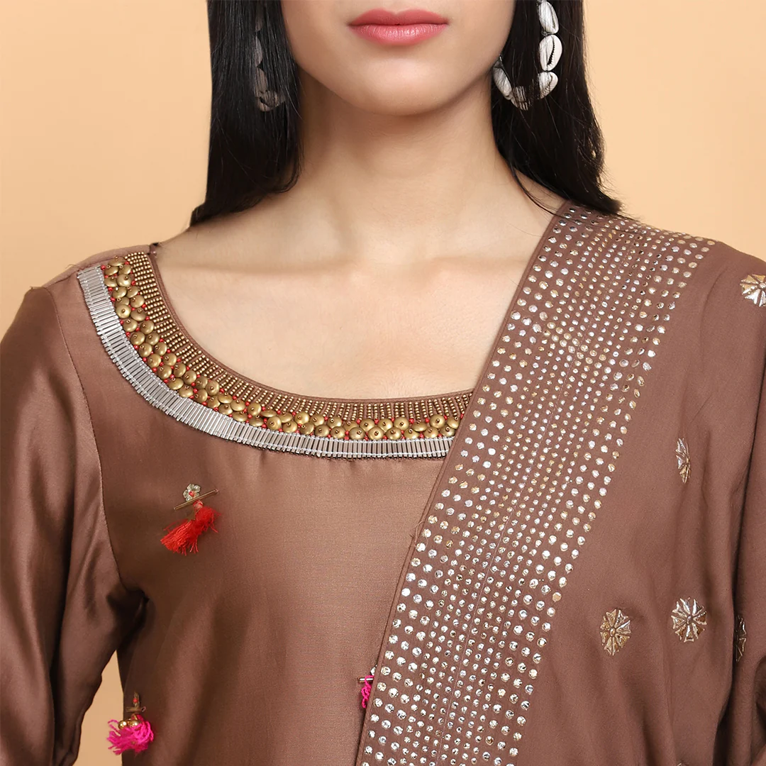 Brown Chanderi Silk Kurta Set - Image 3