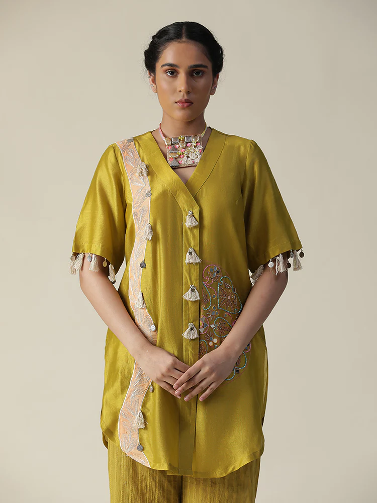 Yellow block brajnari handpainted coord set - Image 6