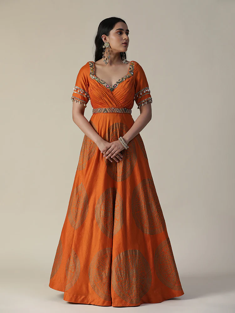 Burnt orange foil printed chanderi gown with dupatta set - Image 3