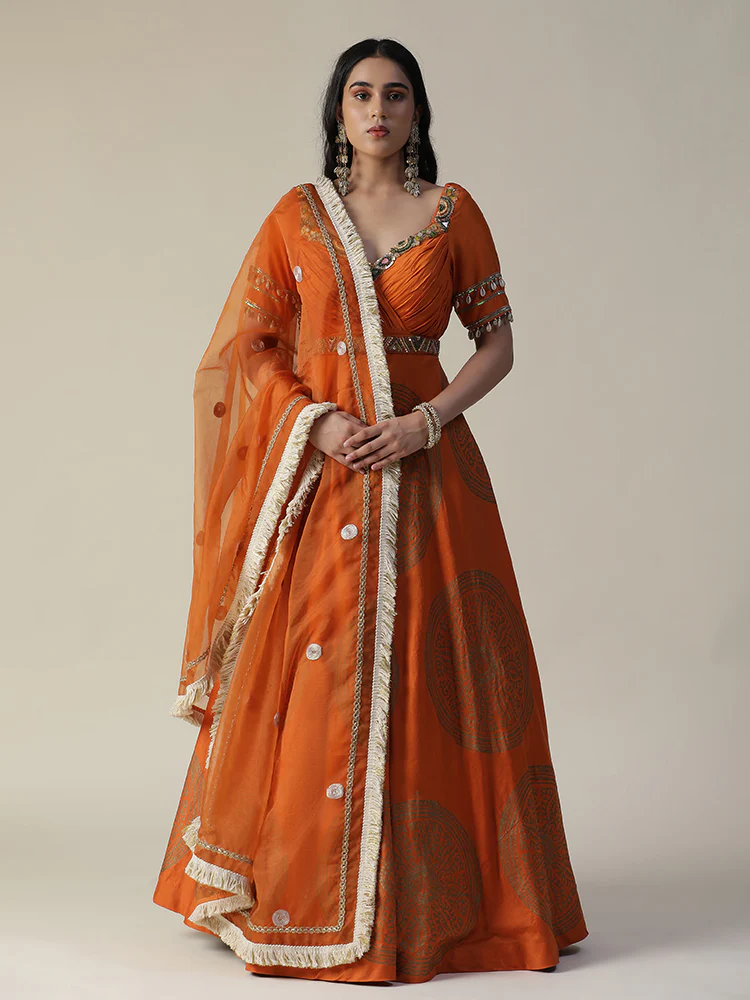 Burnt orange foil printed chanderi gown with dupatta set - Image 4