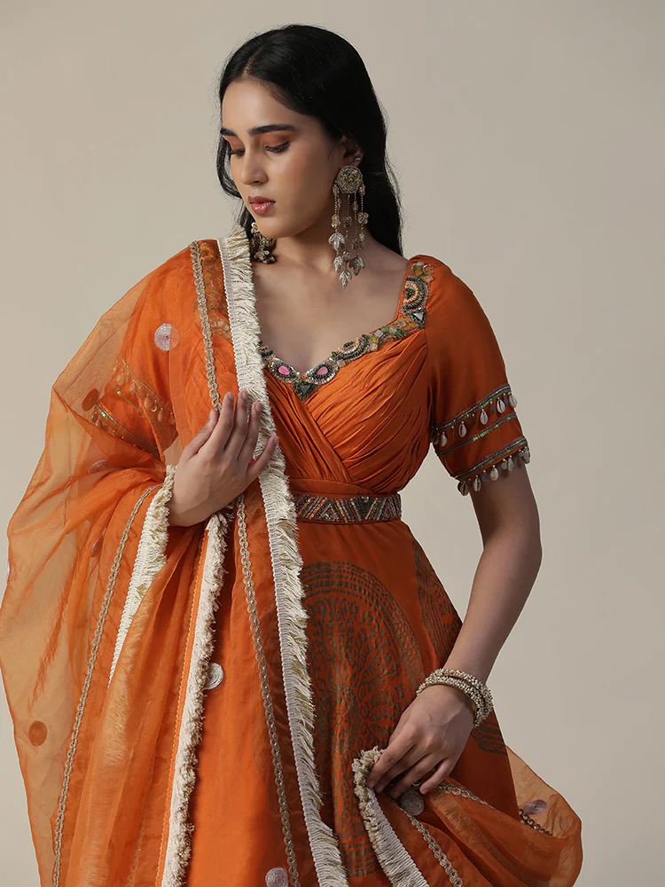 Burnt orange foil printed chanderi gown with dupatta set - Image 5