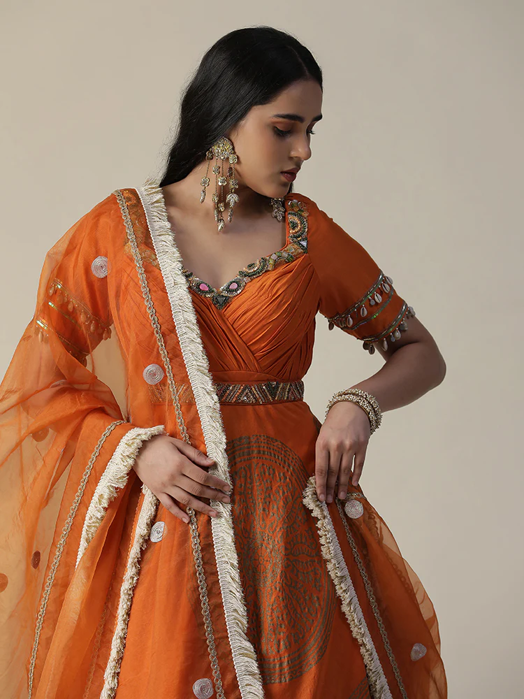 Burnt orange foil printed chanderi gown with dupatta set - Image 6