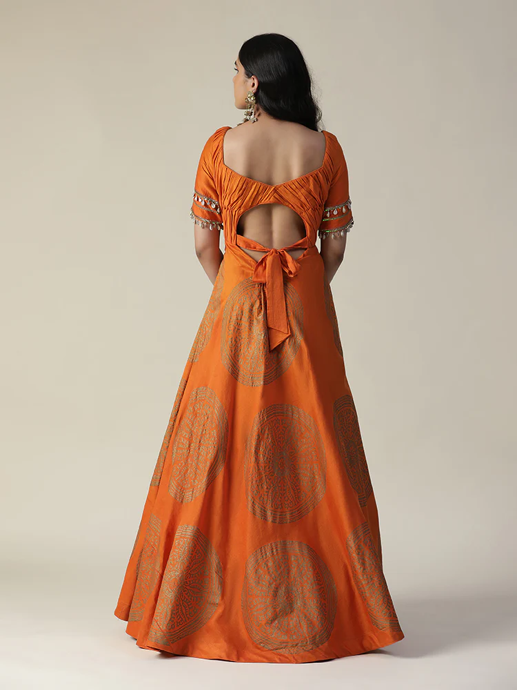 Burnt orange foil printed chanderi gown with dupatta set - Image 7