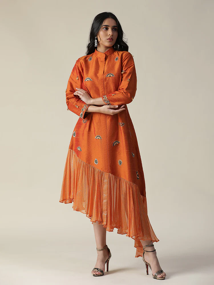Burnt orange raw silk tunic