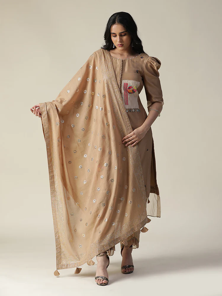 Chanderi hand painted beige suit set - Image 3