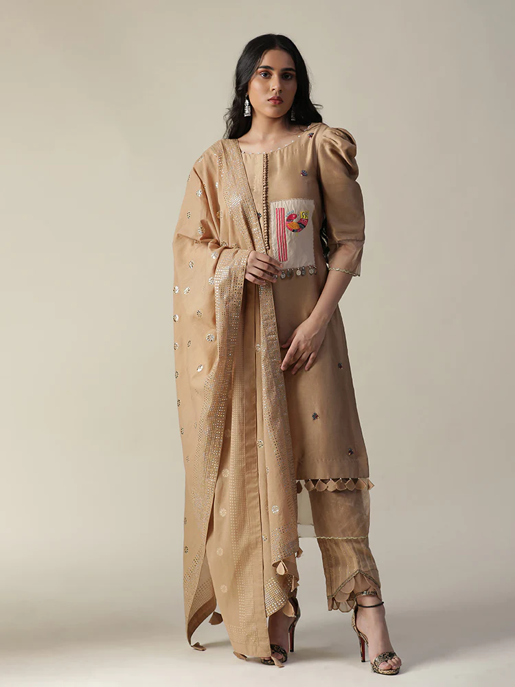 Chanderi hand painted beige suit set - Image 4