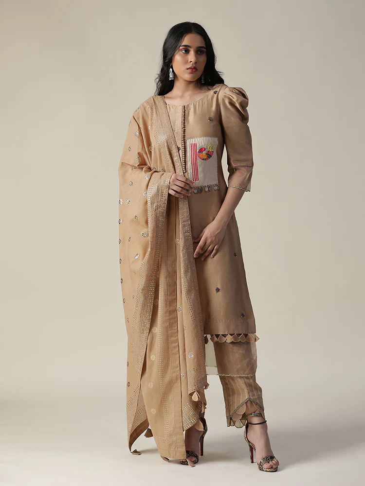 Chanderi hand painted beige suit set - Image 5