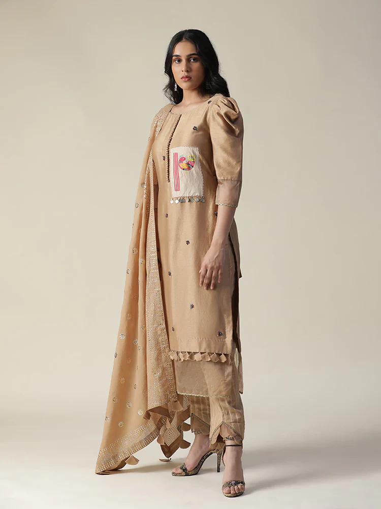 Chanderi hand painted beige suit set - Image 6