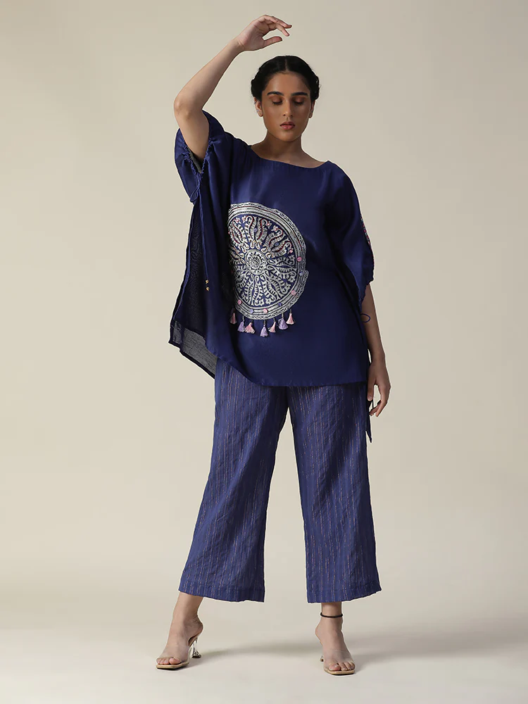 Cobalt blue embroidered short kaftan coord set - Image 3