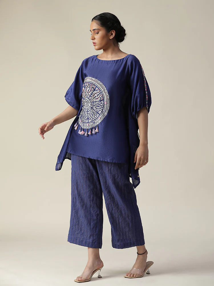 Cobalt blue embroidered short kaftan coord set - Image 4