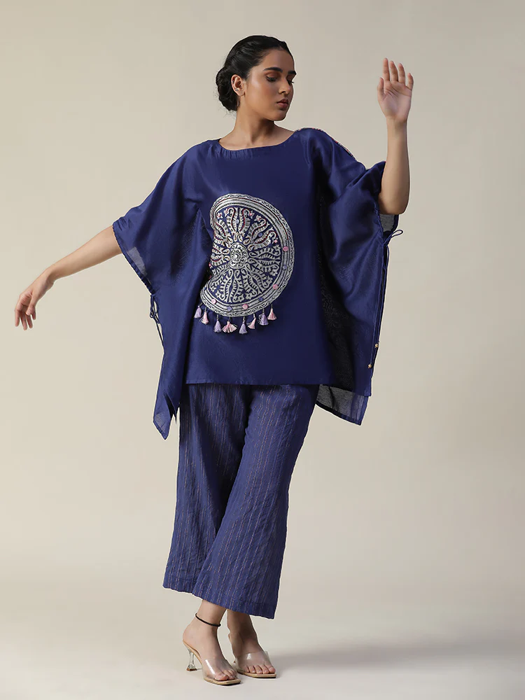 Cobalt blue embroidered short kaftan coord set - Image 5