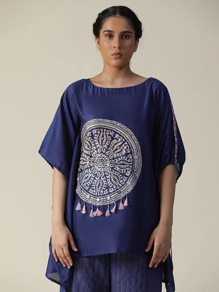 Cobalt blue embroidered short kaftan coord set - Image 6