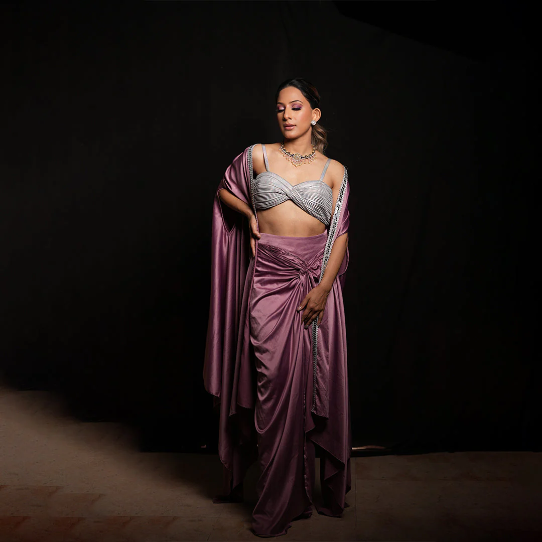 Glorgia Andriana in dusty pink wrap cape set - Image 3