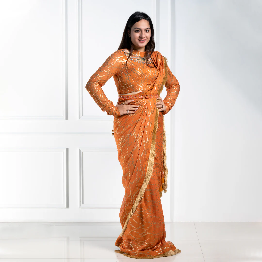 Navina Bole burnt orange drape saree - Image 2