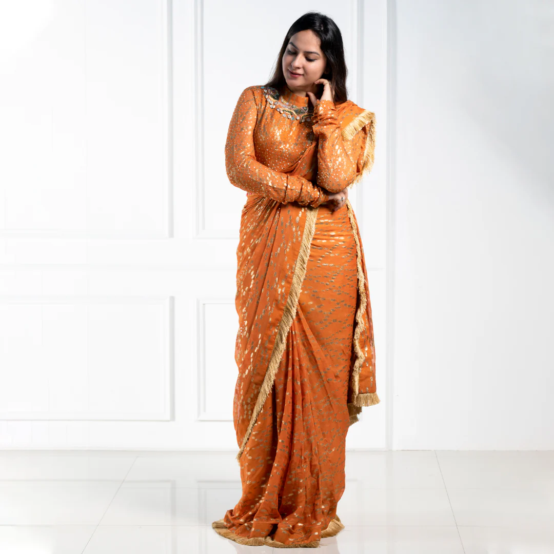 Navina Bole burnt orange drape saree - Image 3
