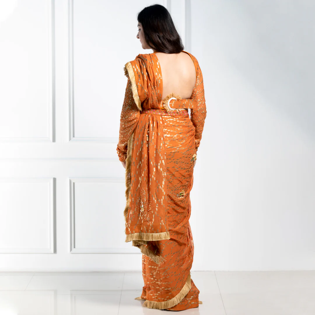 Navina Bole burnt orange drape saree - Image 4