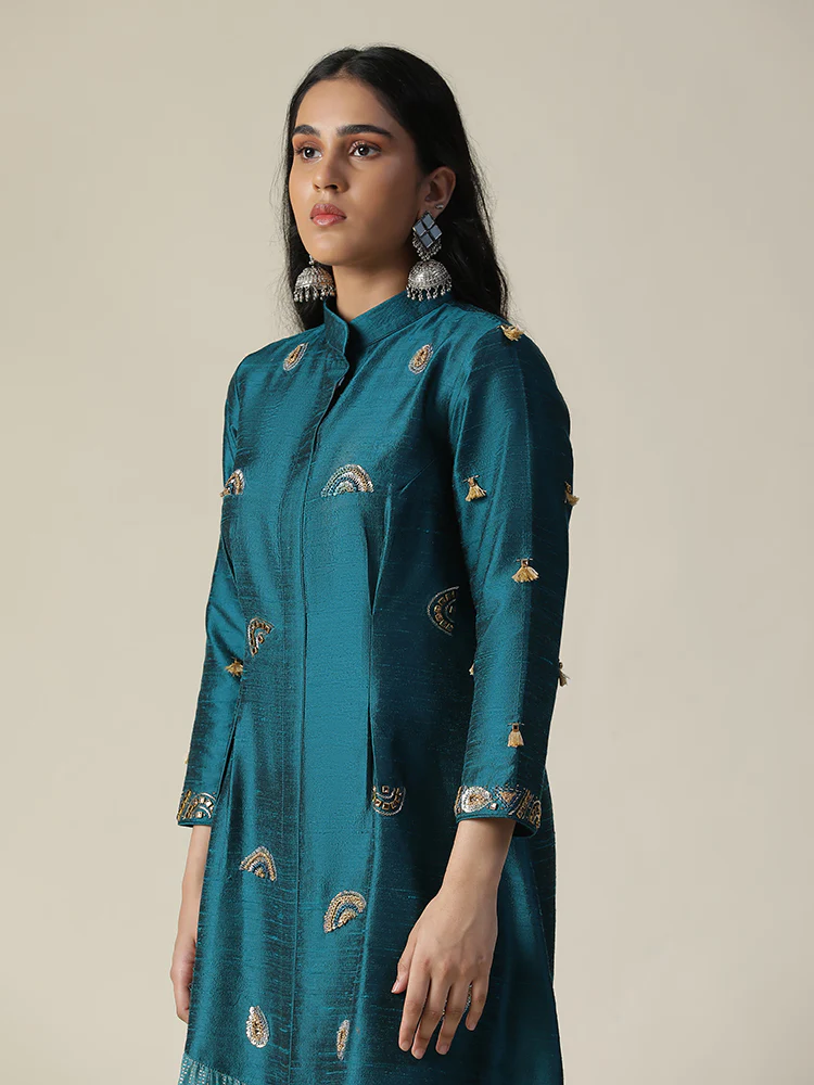 Dark bermuda blue raw silk tunic - Image 7