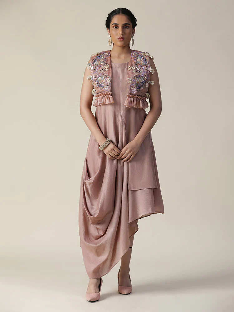 Dusky rose draped style tunic and heavy embroidered jacket set