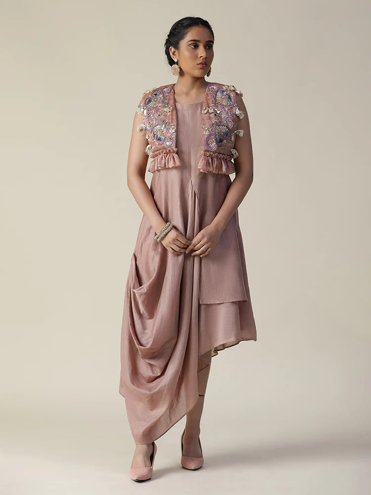 Dusky rose draped style tunic and heavy embroidered jacket set - Image 2