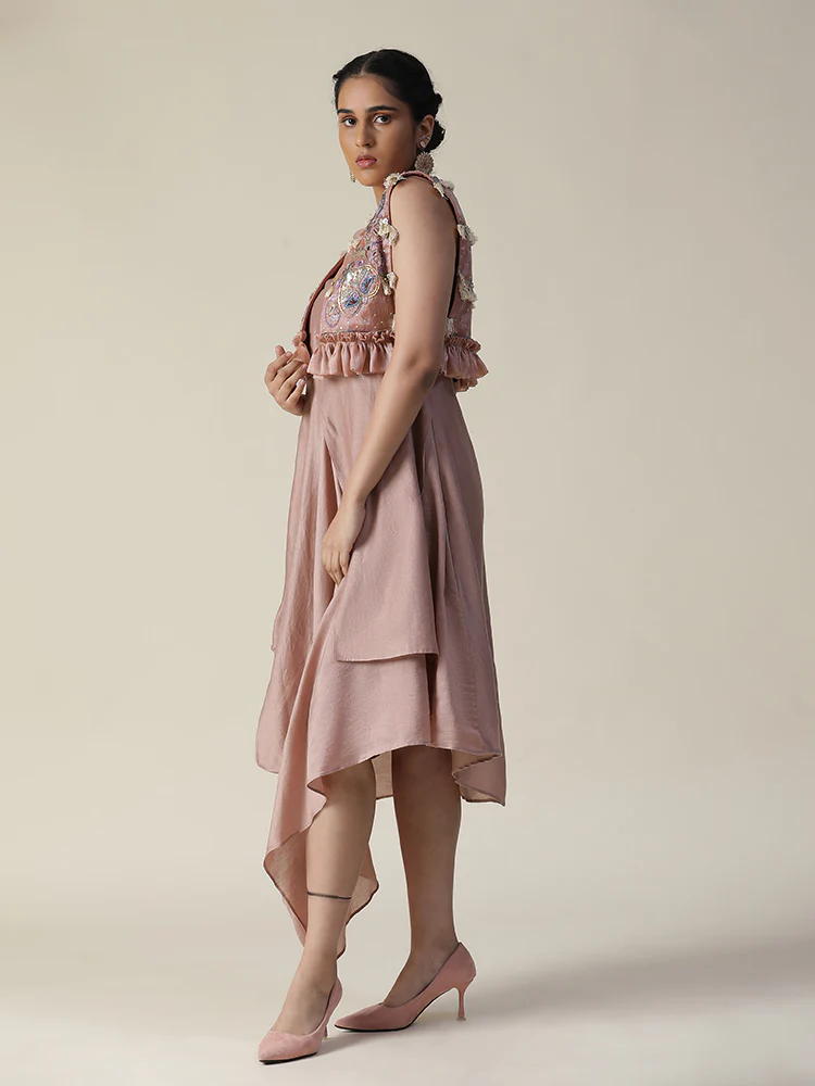 Dusky rose draped style tunic and heavy embroidered jacket set - Image 3