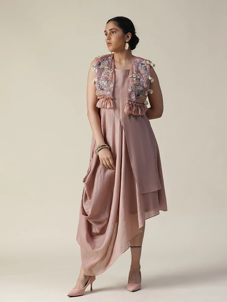Dusky rose draped style tunic and heavy embroidered jacket set - Image 4