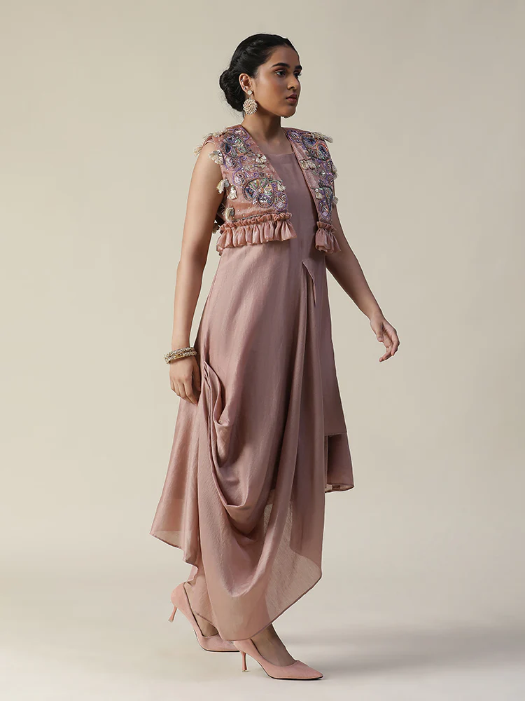 Dusky rose draped style tunic and heavy embroidered jacket set - Image 5