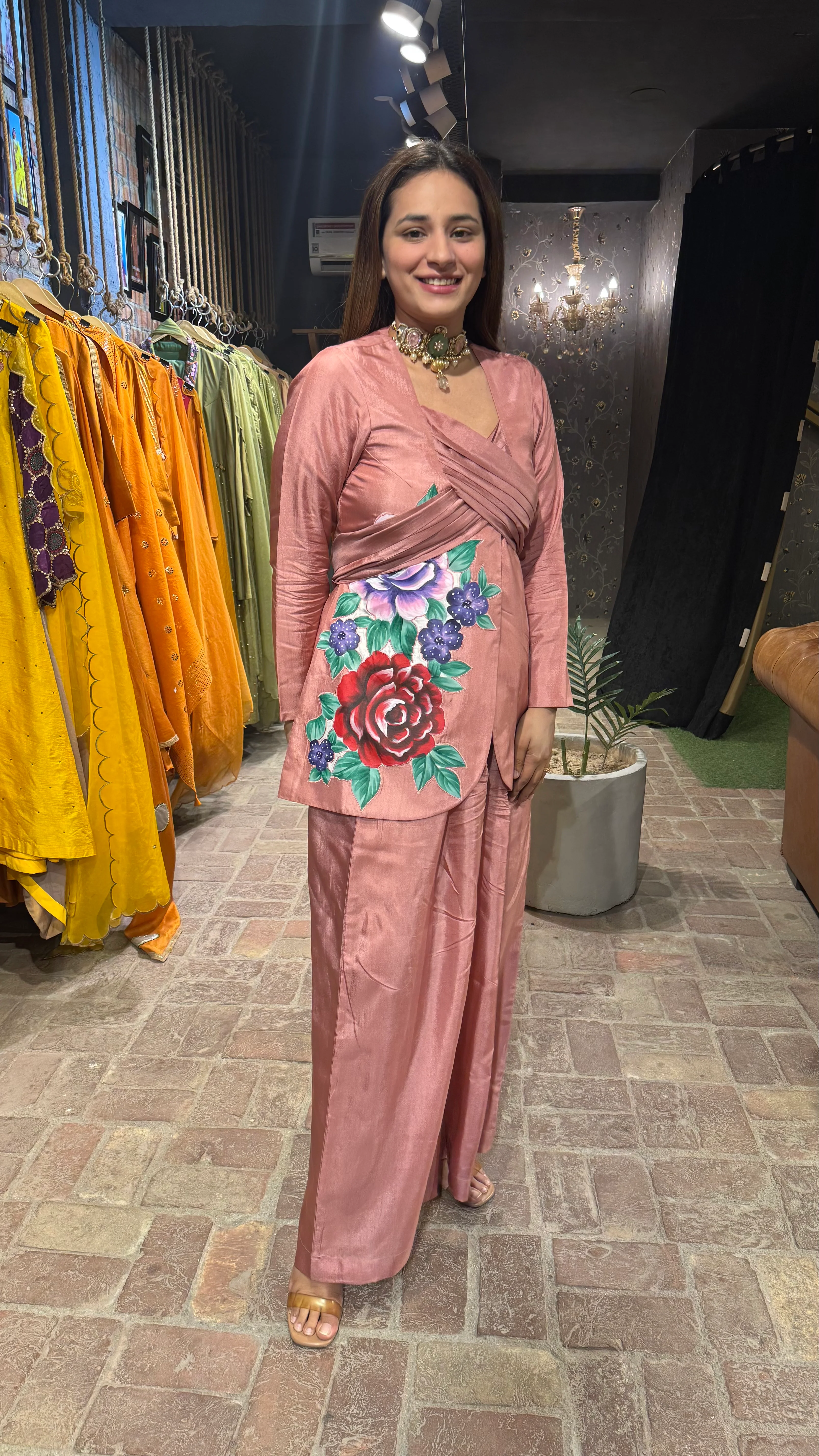 Dusty Pink Handpainted Floral Coord set