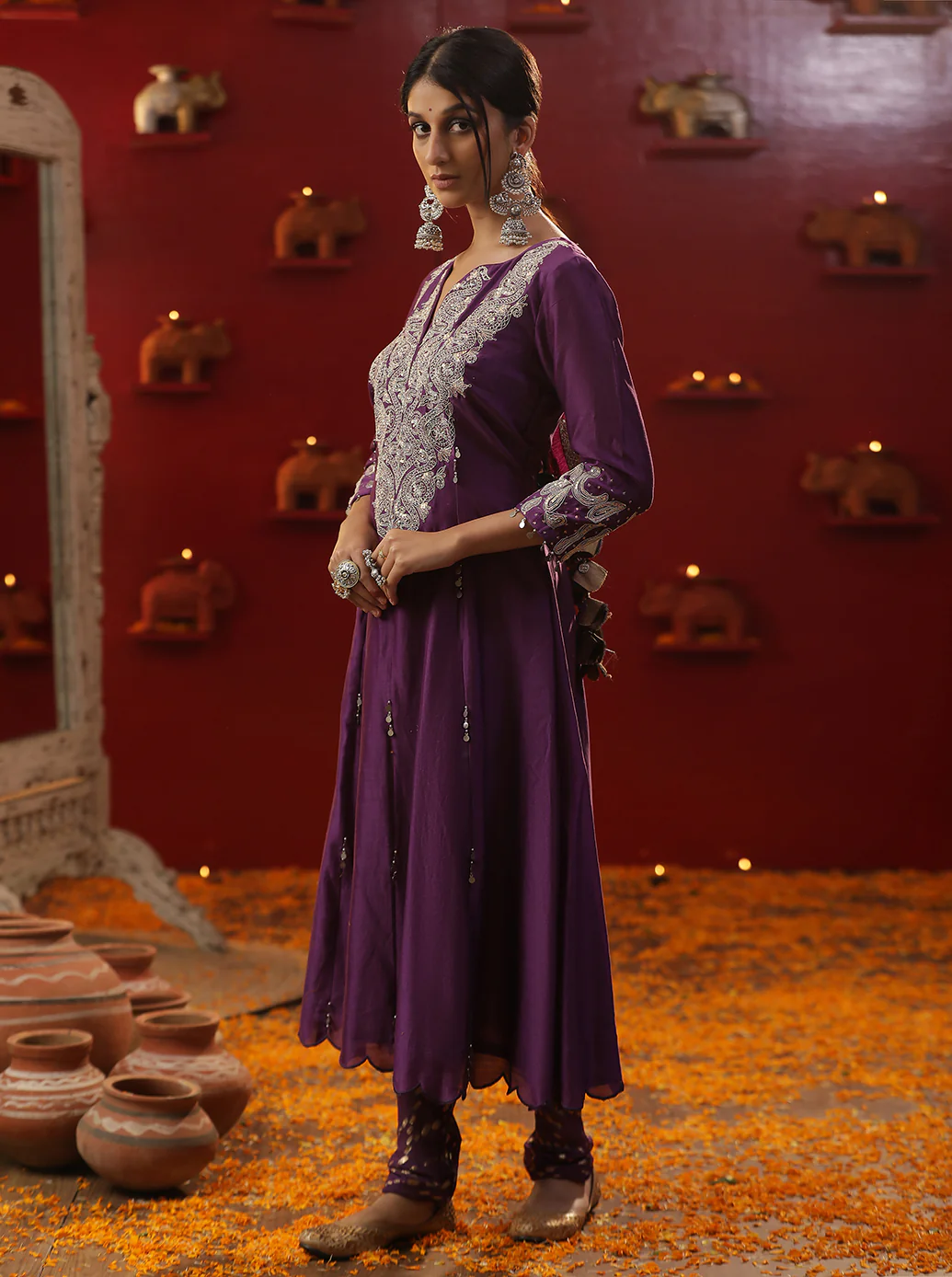 Floral handpainted shringar purple suit set