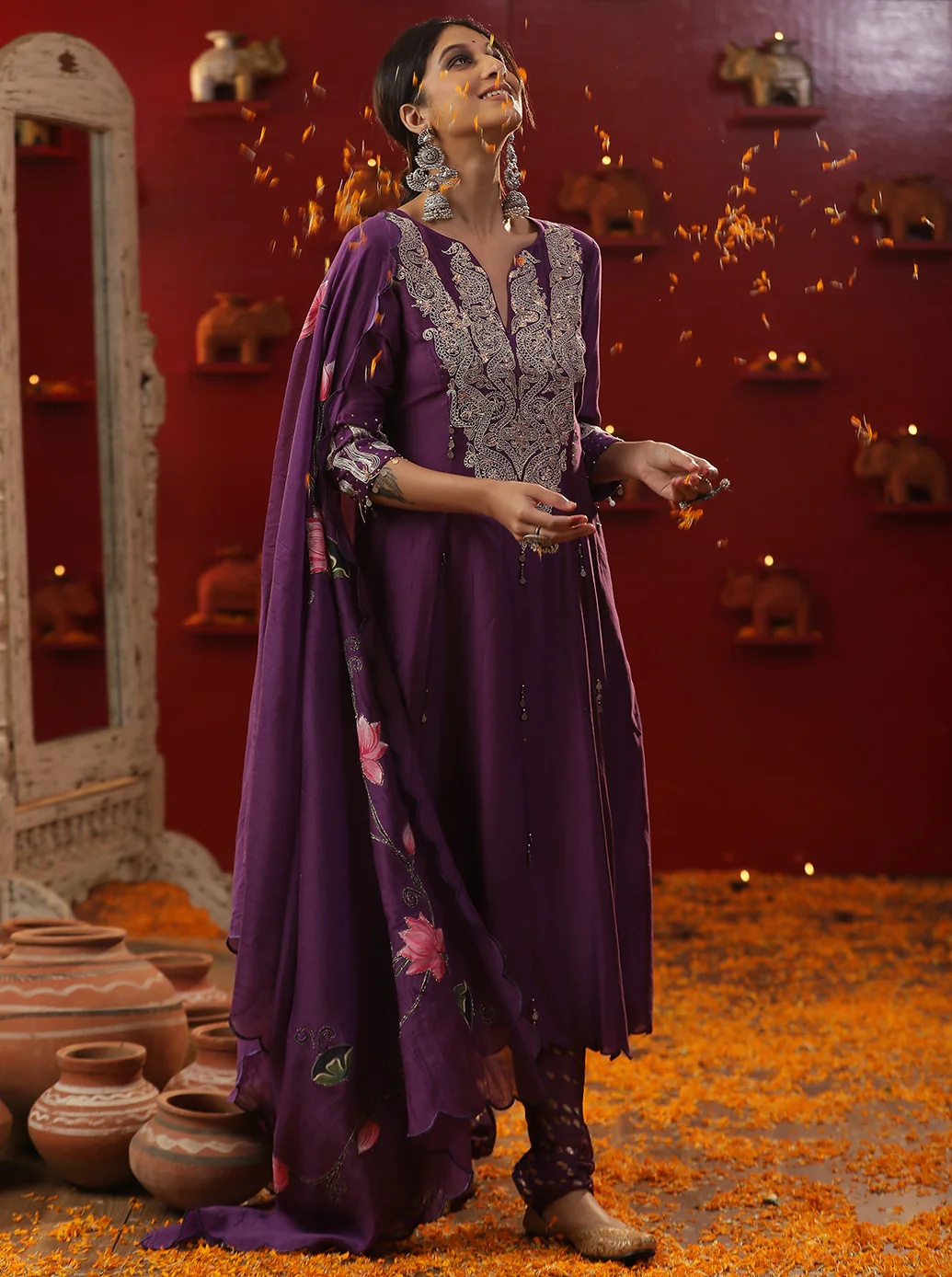 Floral handpainted shringar purple suit set - Image 2