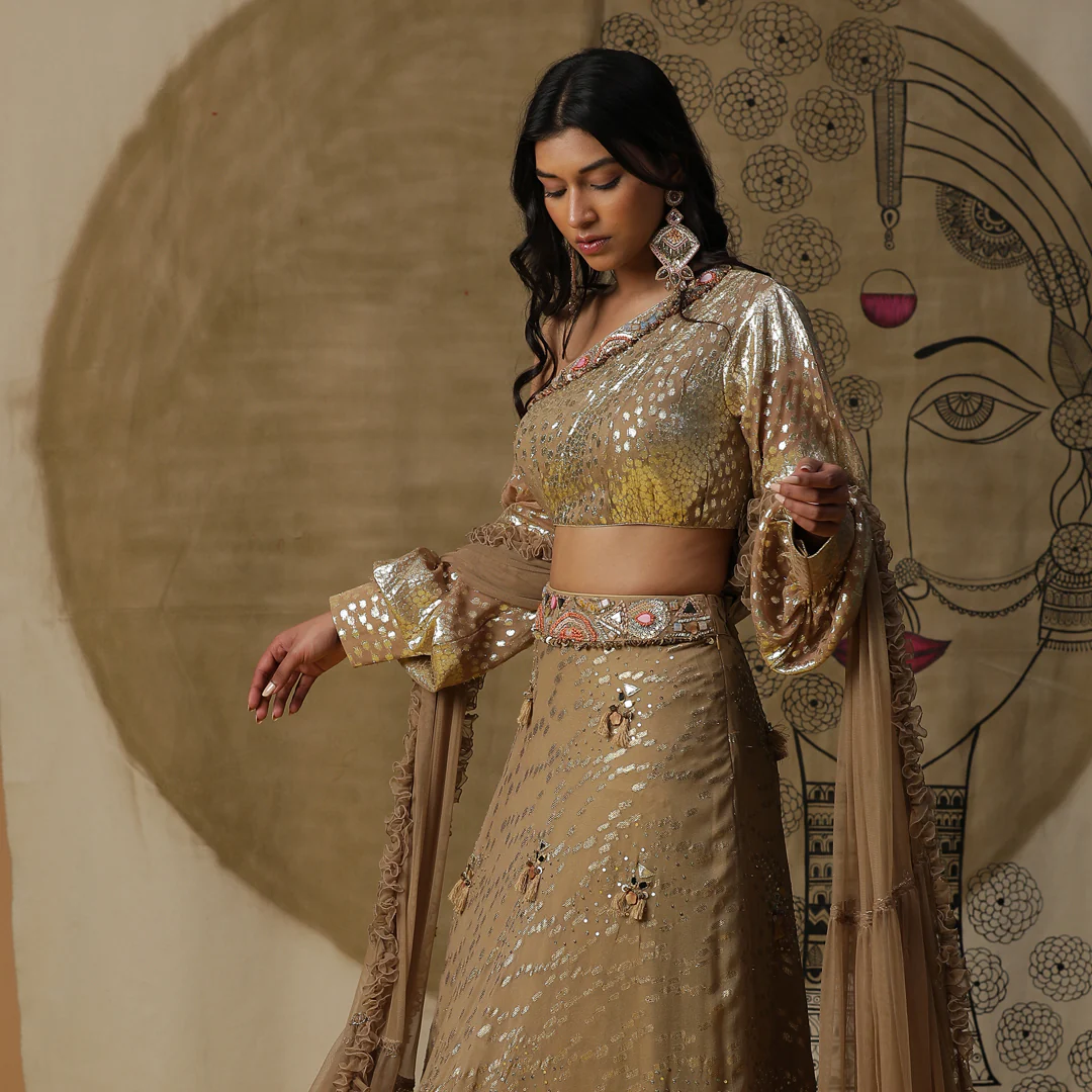 Golden one shoulder lehenga set - Image 2