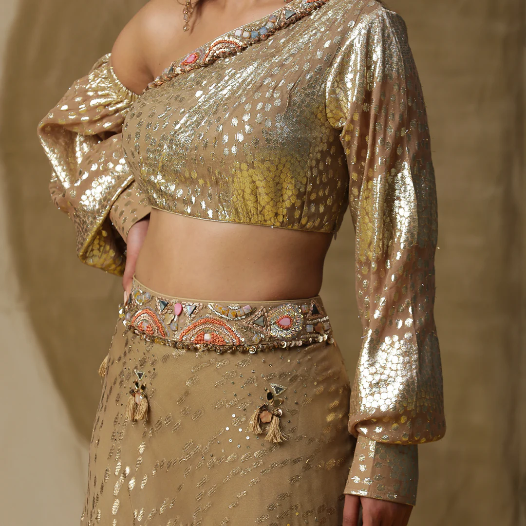 Golden one shoulder lehenga set - Image 3