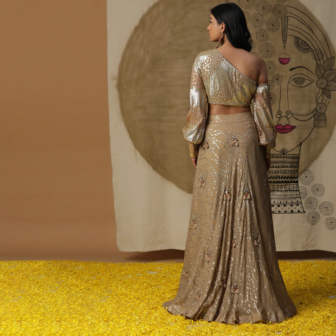 Golden one shoulder lehenga set - Image 4