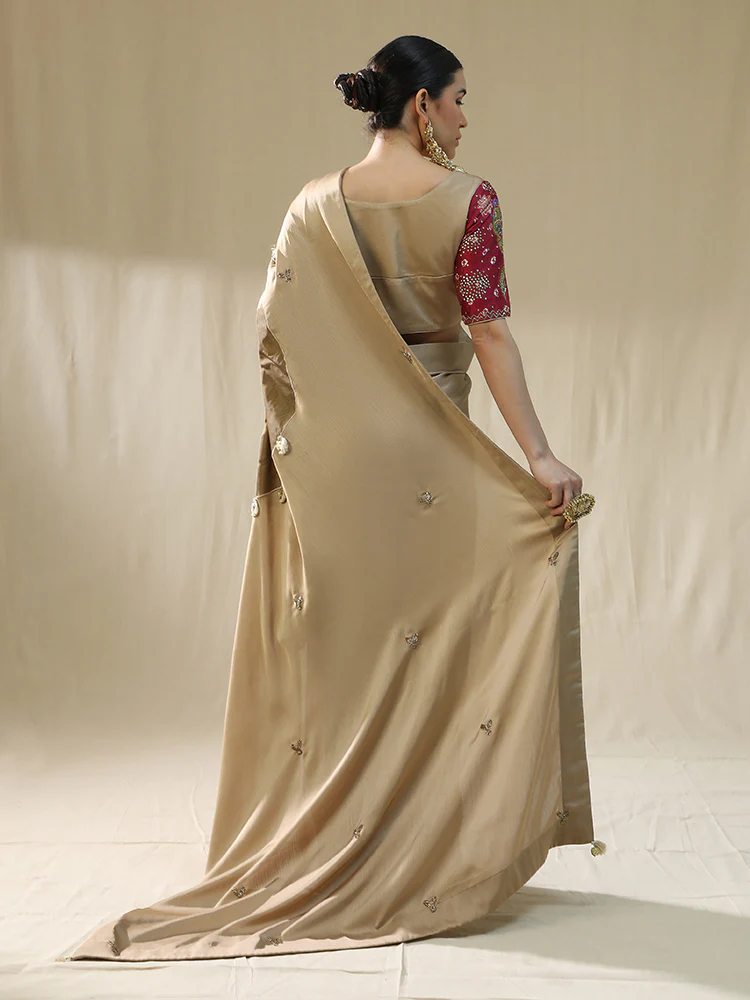 Golden pre stitched drape saree - Image 3