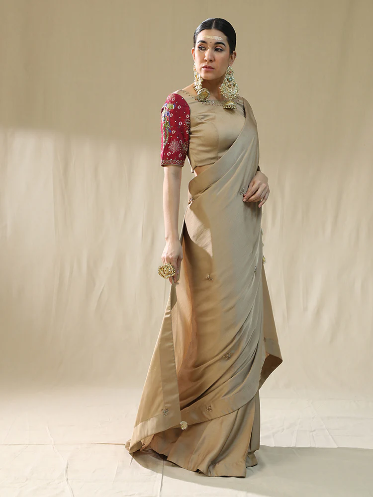 Golden pre stitched drape saree - Image 6
