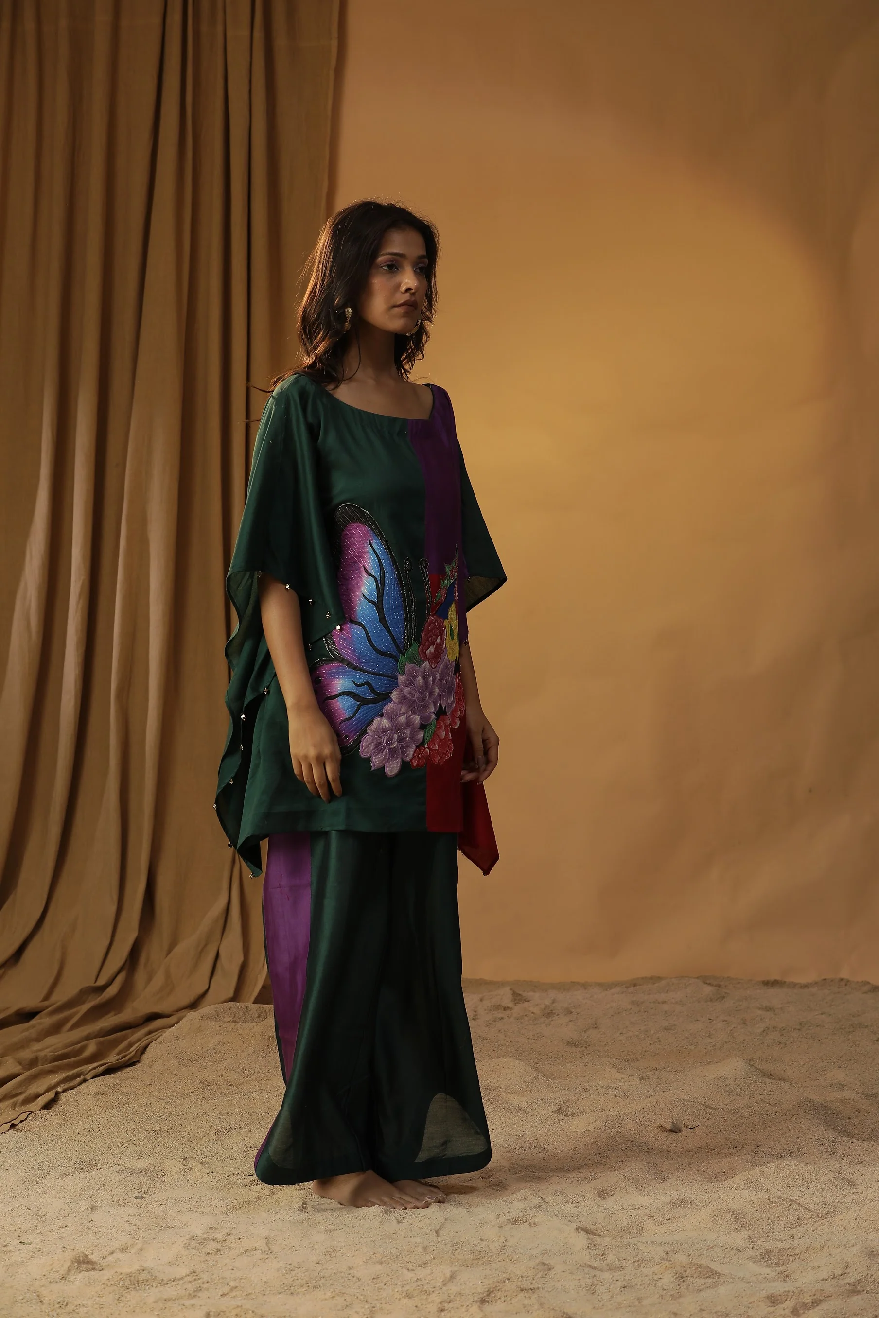 Green butterfly block print kaftan coord set - Image 3