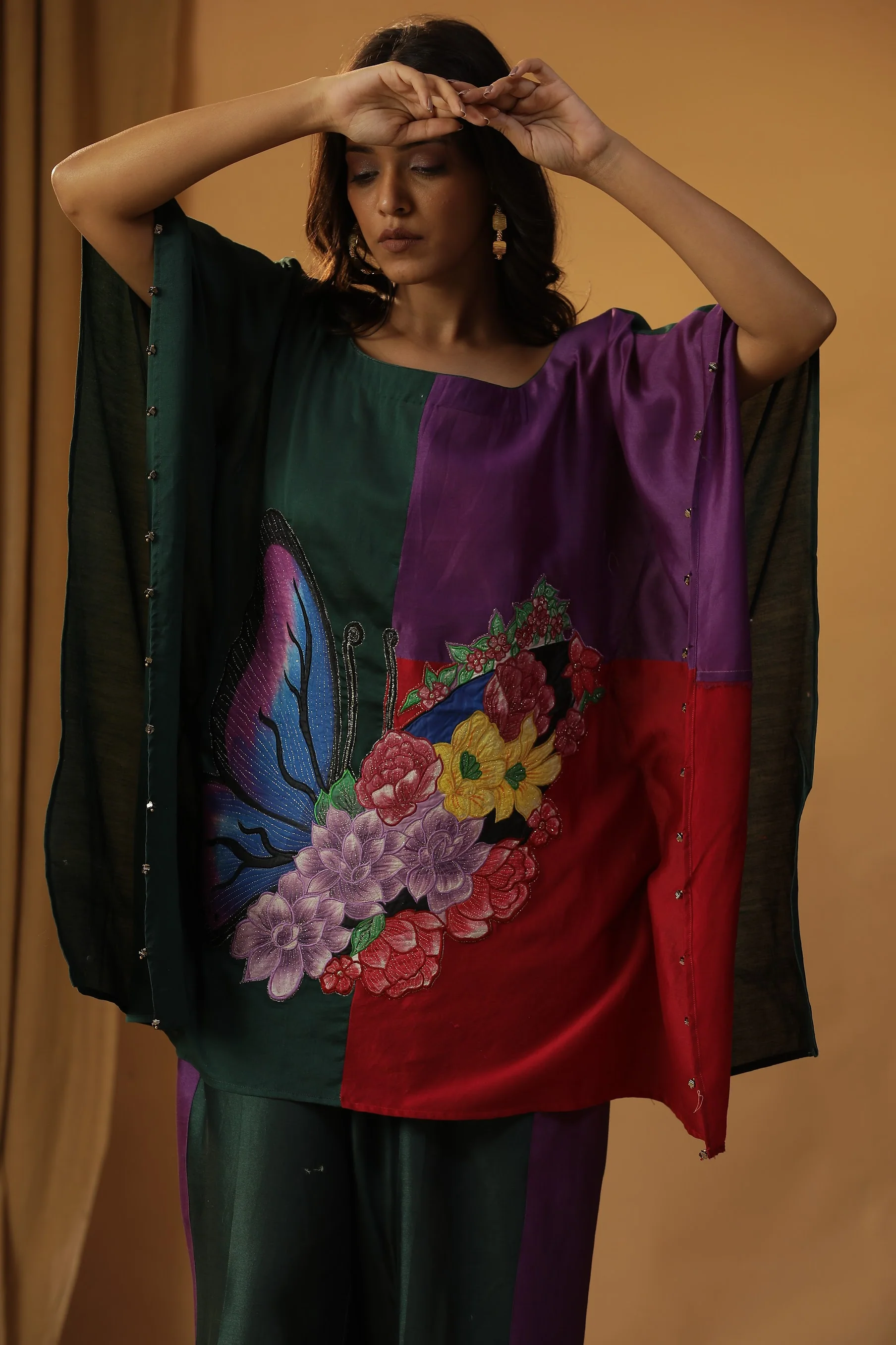Green butterfly block print kaftan coord set - Image 4