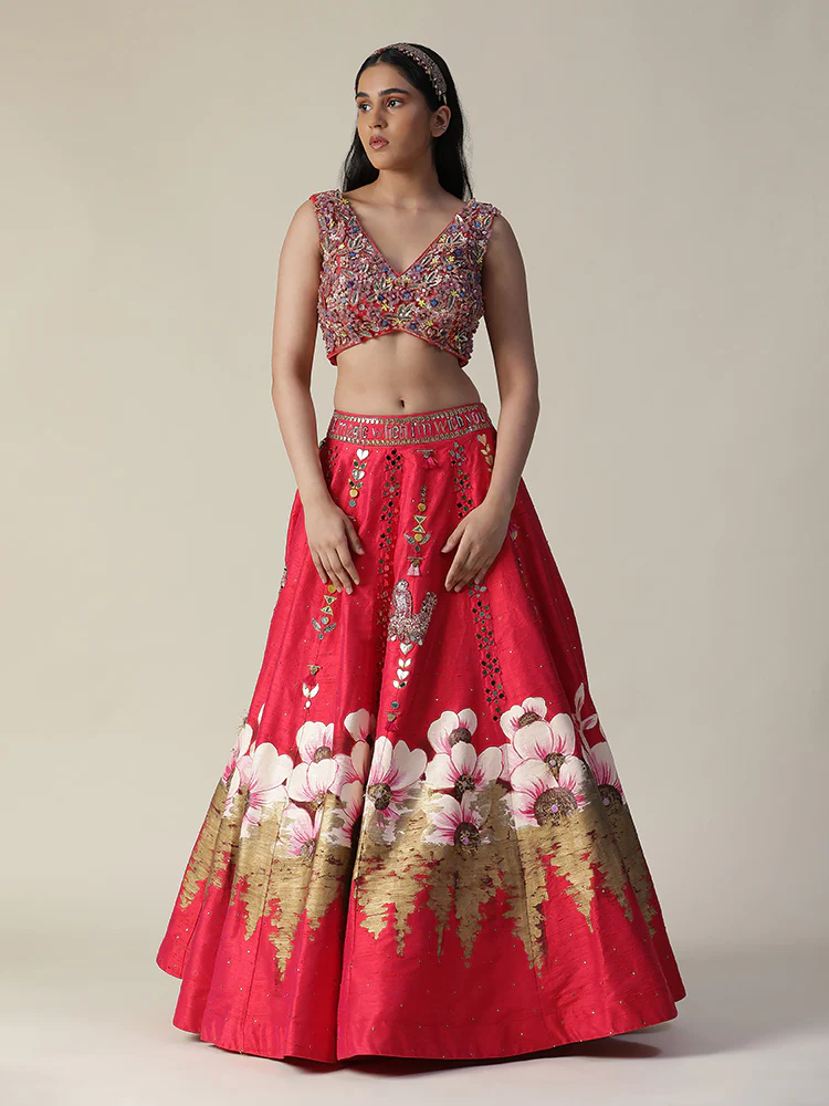Hot pink raw silk hand painted flower lehenga set