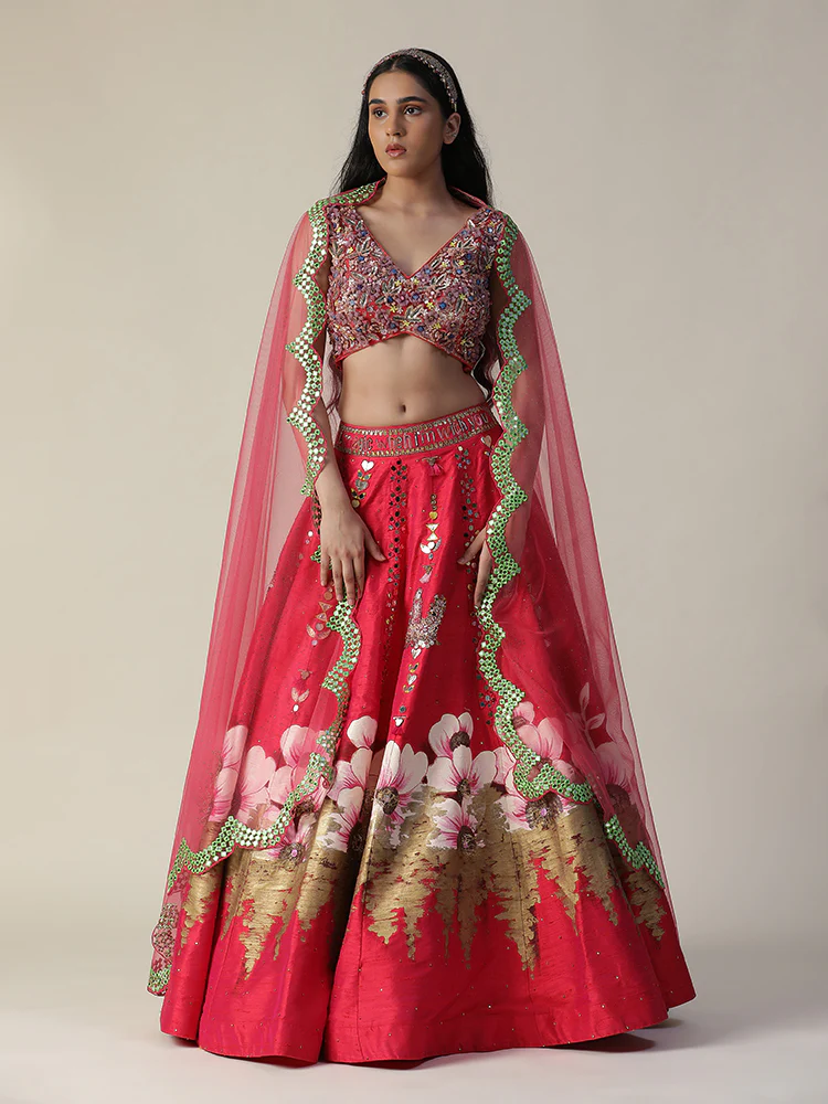 Hot pink raw silk hand painted flower lehenga set - Image 2