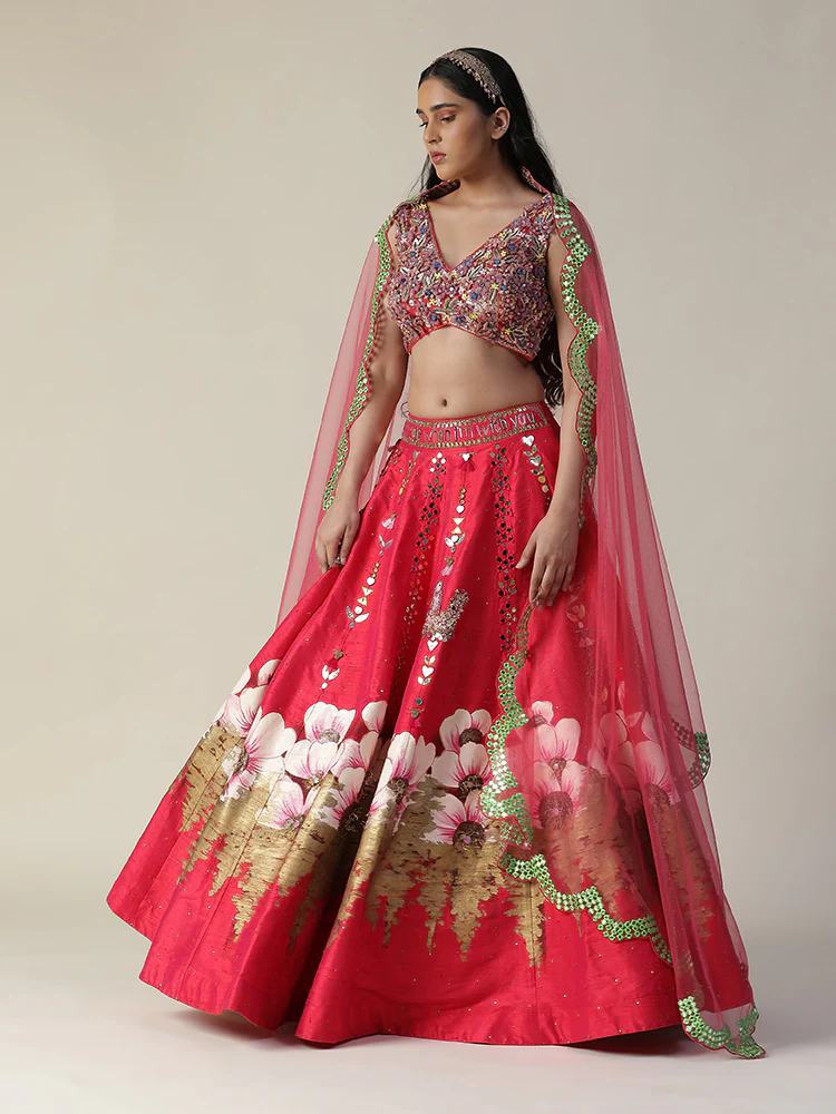 Hot pink raw silk hand painted flower lehenga set - Image 3