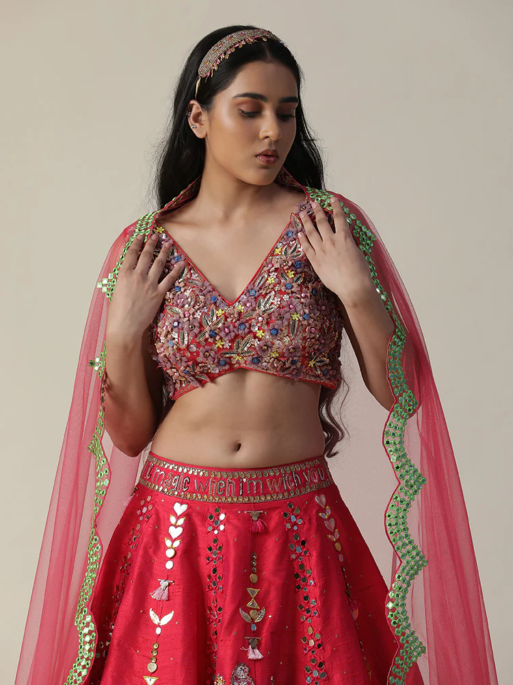 Hot pink raw silk hand painted flower lehenga set - Image 4