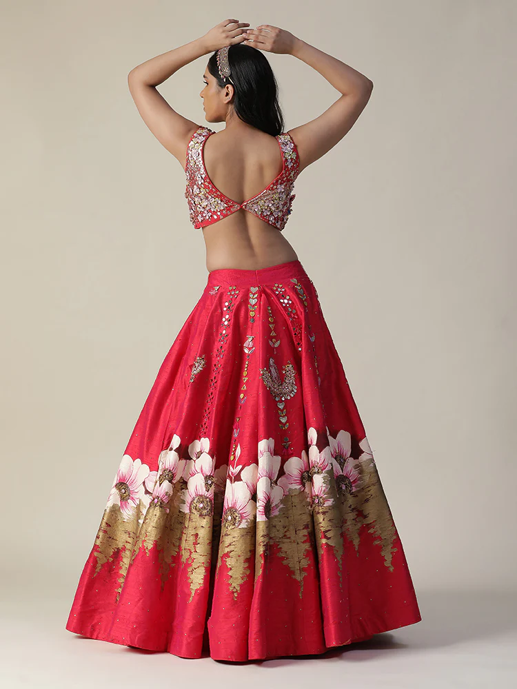 Hot pink raw silk hand painted flower lehenga set - Image 5