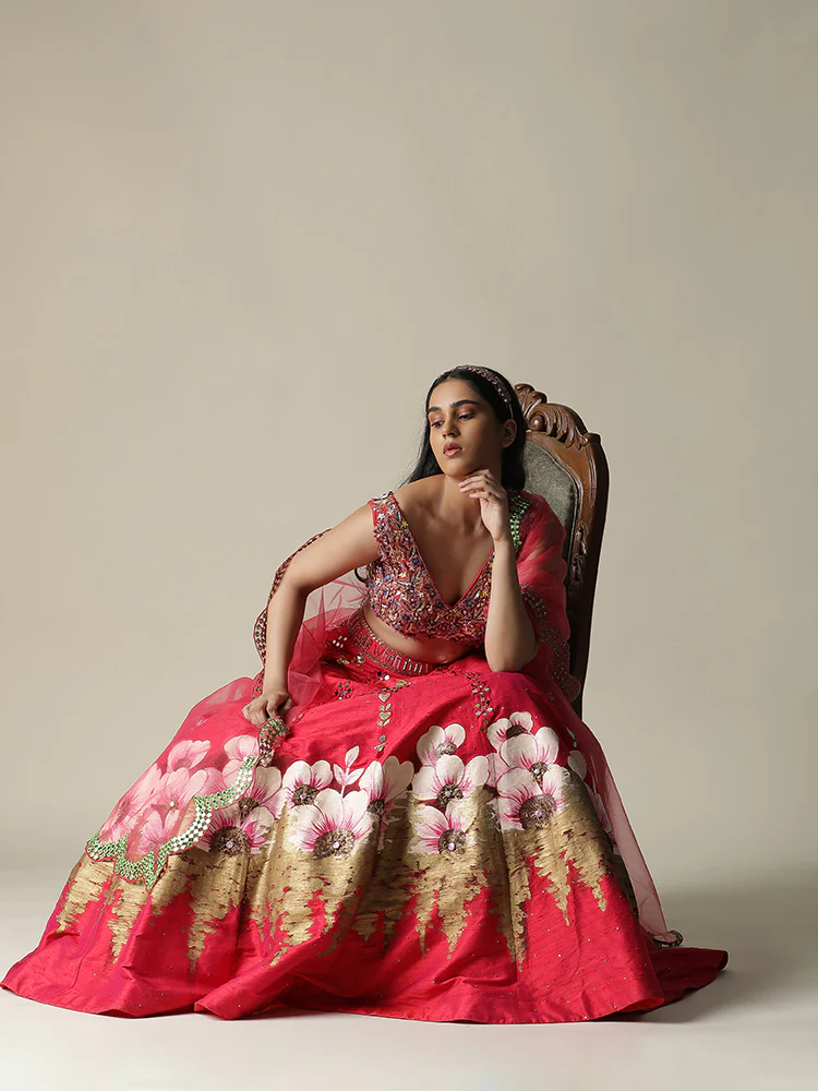 Hot pink raw silk hand painted flower lehenga set - Image 6