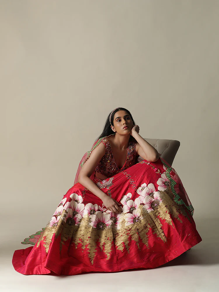 Hot pink raw silk hand painted flower lehenga set - Image 7